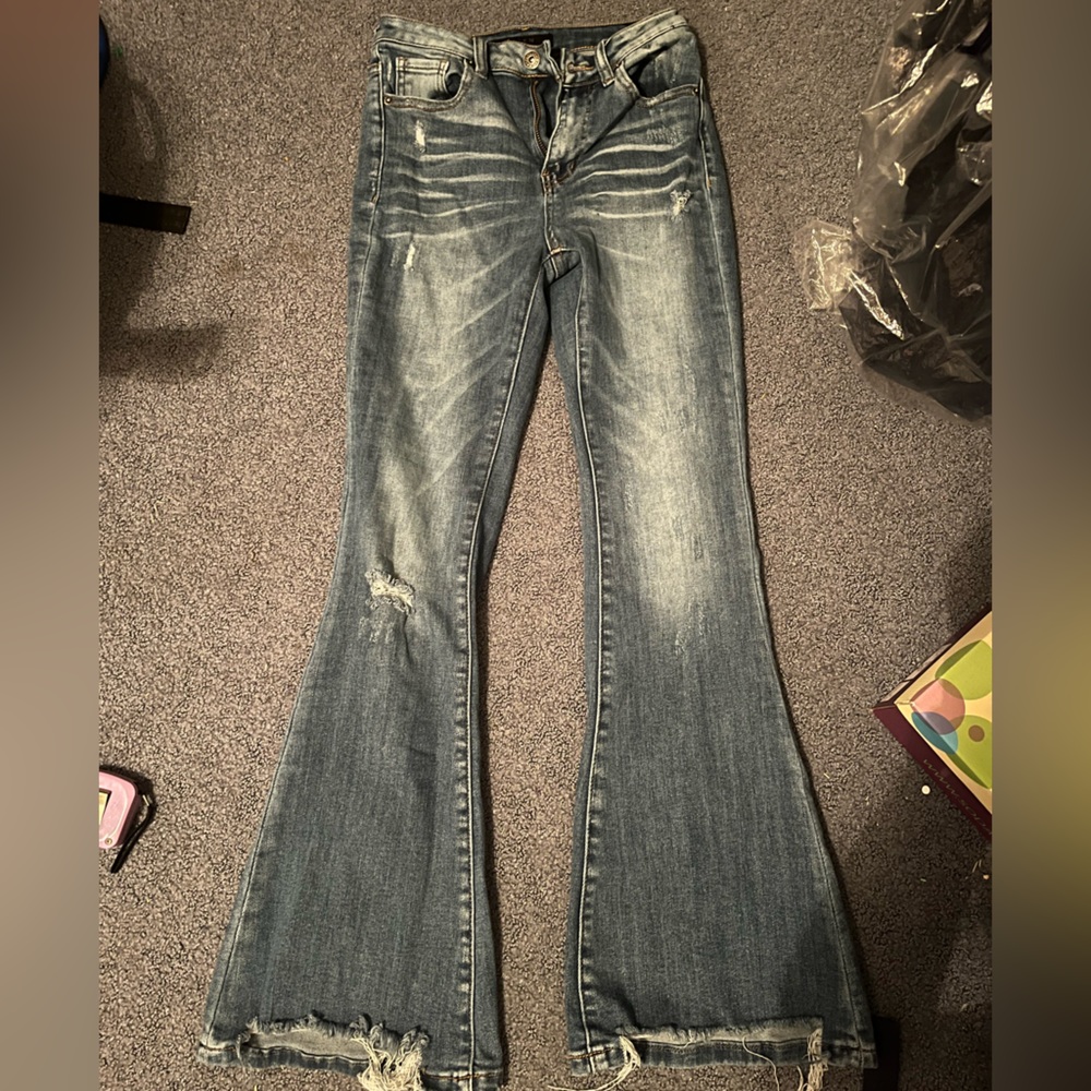 Risen Distressed Flare Jeans
